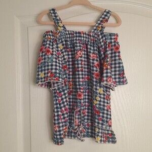 Insta Girl Blue Gingham Cold Shoulder Floral Tie Front Shirt